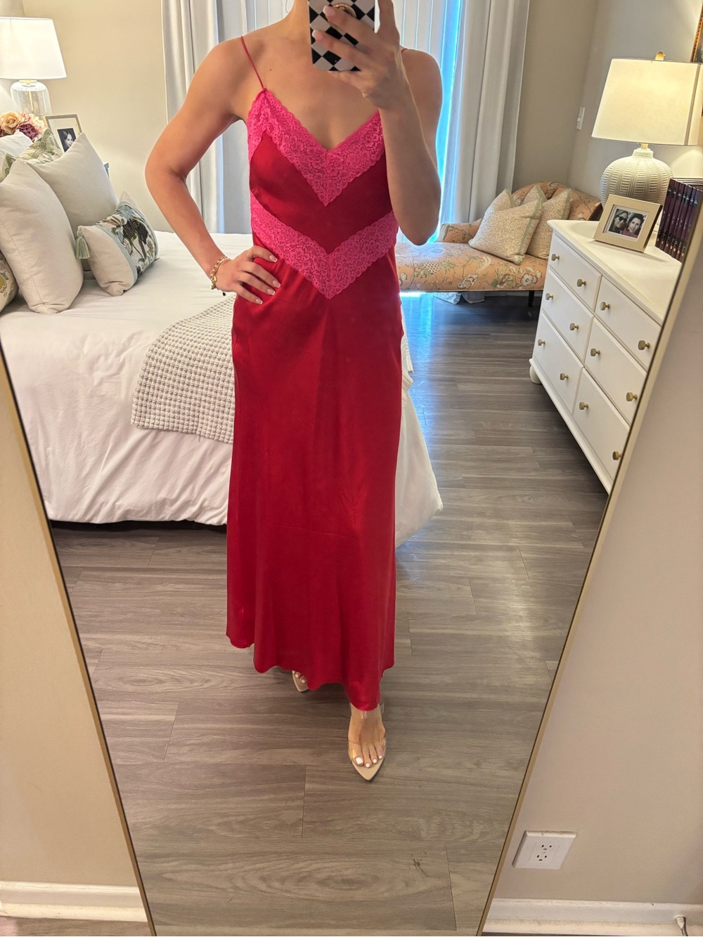 LoveShackFancy Serita-Style Silk Slip Maxi Dress Red Pink Lace S - Picture 1 of 5